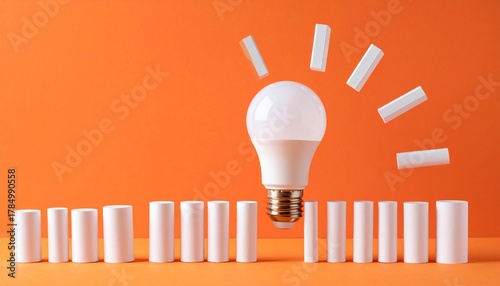 White LED Bulb with Cylindrical Elements Forming Radiant Pattern on Orange Background