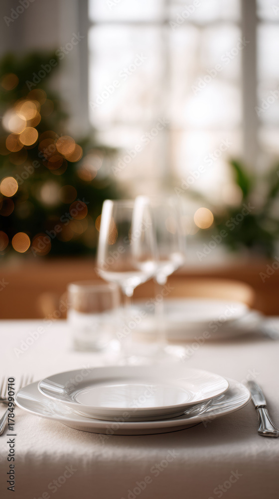 Fototapeta premium Elegant and cozy table setting for festive christmas holiday dinner celebration. white plate and wineglass await special meal with beautiful blurred background
