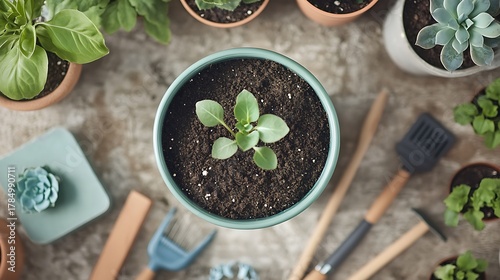 Overhead view of a small green seedling planted in a pot surrounded by gardening tools and other plants