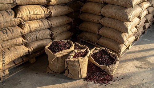 Burlap Sacks of Coffee Beans on Pallets in Industrial Warehouse Setting