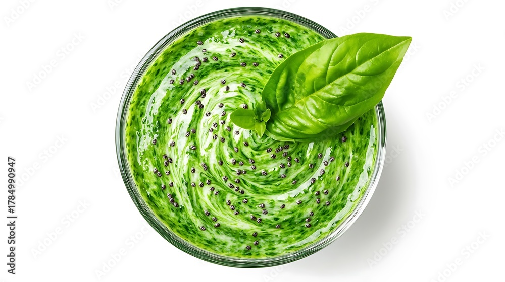 Obraz premium Vibrant green basil pesto sauce swirled in a glass bowl garnished with a fresh basil leaf
