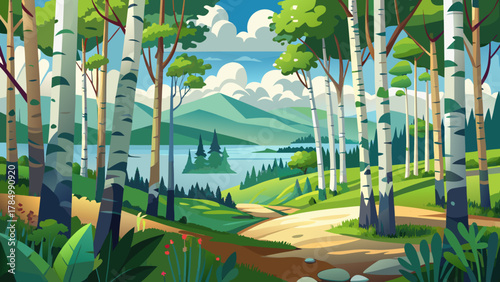 Very beautiful view of paper birch forests in Michigan’s Upper Peninsula, USA, featuring dense white-barked trees, lush green foliage, and a realistic serene natural landscape.