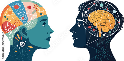 Two Minds, Two Ways of Thinking: Rational and Irrational Thought Illustrated Through Abstract, Colorful Brain Concepts and Collaborative Ideas