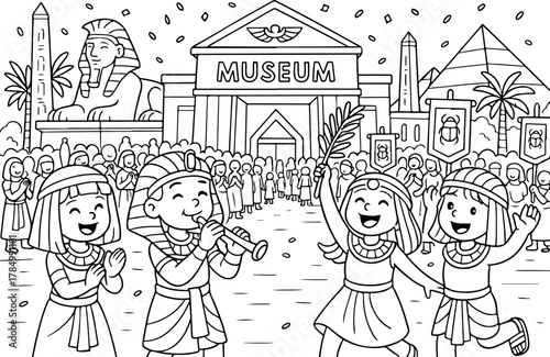 hand drawn vector illustration of Grand Egyptian Museum coloring page for kids