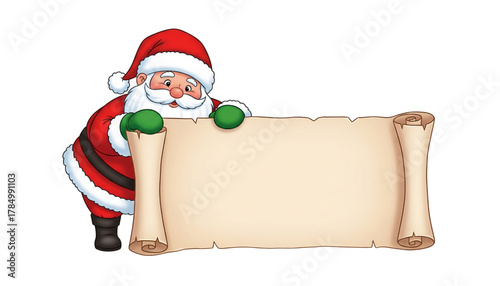 Santa claus holding a blank parchment scroll isolated on transparent background