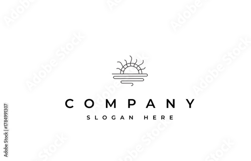 sun sunset sunrise with beach ocean sea water logo icon vector in trendy line linear, outline logo vector for hotel