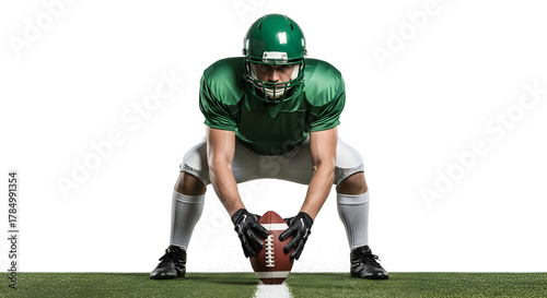 American Football Player in Ready Position on the Field, Focused and Prepared for Action