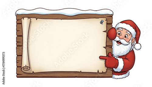 Santa claus pointing to a wooden sign with a blank scroll isolated on transparent background