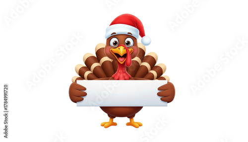 Cartoon turkey wearing a santa hat and holding a blank sign isolated on transparent background