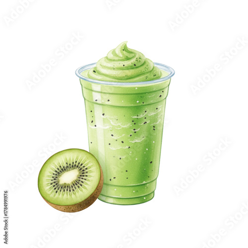 Vibrant Green Kiwi Smoothie with Halved Fruit Against Black Background