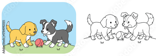 Cute Cartoon Puppies Playing with Ball - Adorable Pet Companions