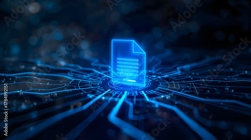 Futuristic Digital Document Icon Hologram Conceptual Design on Circuit Board, Glowing Data