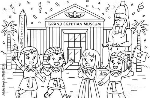 hand drawn vector illustration of Grand Egyptian Museum coloring page for kids