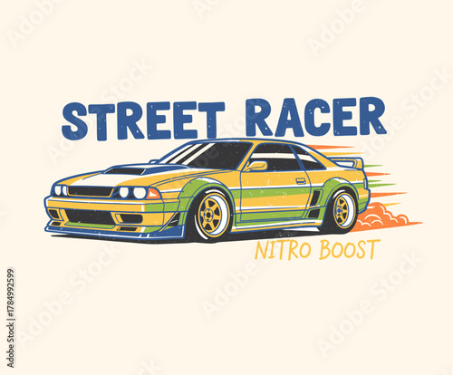 Street Racer Nitro Boost. Retro Tuner Car Vector. Vintage Drift Car Graphic. Modified Sports Car Design. Racing Vehicle Apparel Print