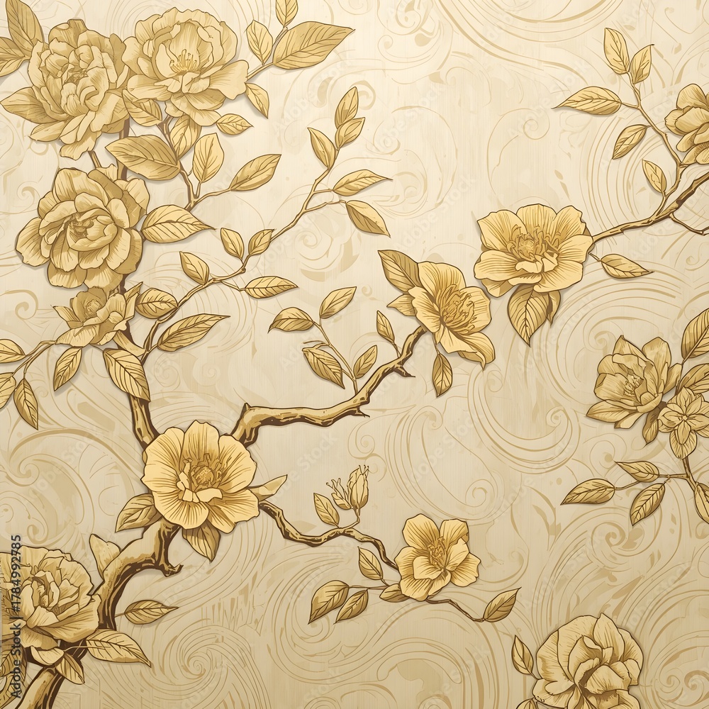 Art background with flowers and leaves on a tree branch in gold color. Vector botanical pattern for decoration design, print, wallpaper, textile, packaging, banner Generative Ai