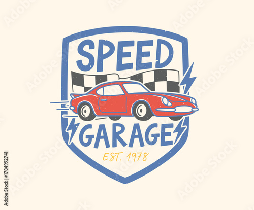 Speed Garage Vintage Car Emblem. Retro Racing T-shirt Print Design. Classic Sports Car Vector Badge. Hand Drawn Hot Rod Logo. Automotive Speed Shop La