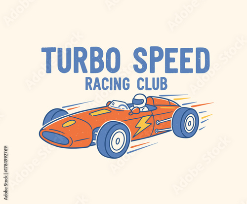 Retro Race Car Badge. Vintage Speed Club Emblem. Turbo Racer Illustration. Motorsport Style T-shirt Print. Classic Fast Car Graphic