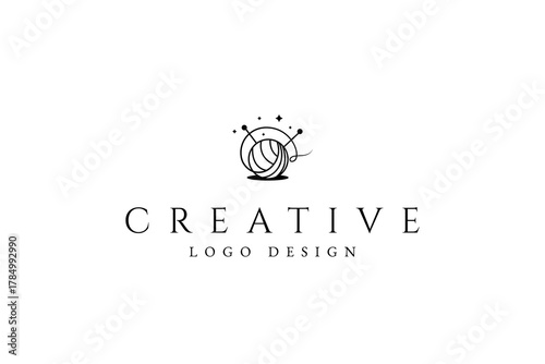 wool ball logo with stars decoration shaped yarn in line art design style