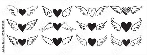 Black Hearts with Wings Collection Hand Drawn Doodle Set