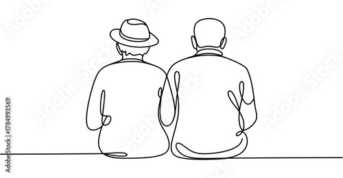 Minimalist single line drawing of two seated individuals from behind, symbolizing companionship, aging, friendship, and shared quiet moments.rint 