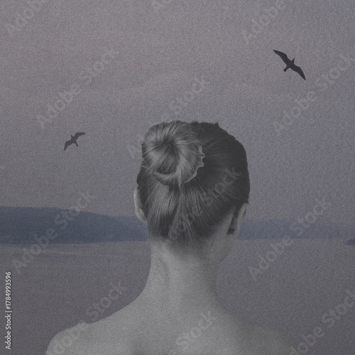 Quadro su tela Abstract collage illustration of melancholic woman portrait with water landscape and flying birds