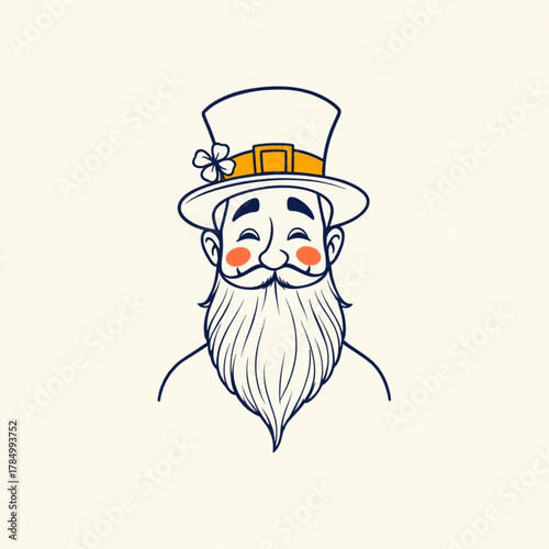 A Cheerful Irish Leprechaun Character Illustration with a Traditional Top Hat and Clover Decoration