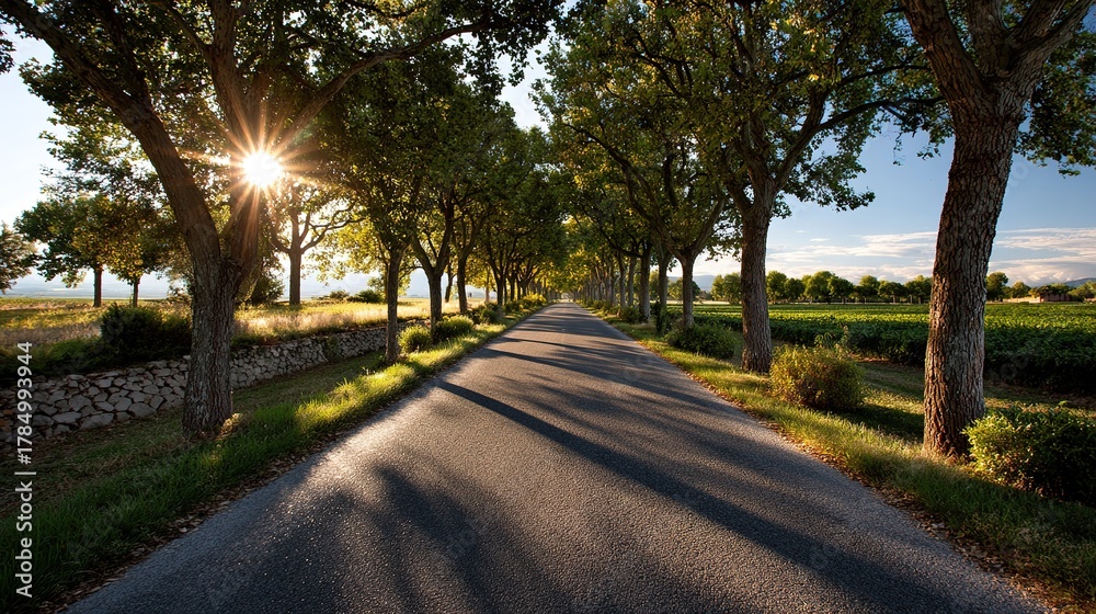 Fototapeta premium Sunlit Road: A tranquil asphalt road stretches towards the horizon, framed by a line of mature trees, their leaves creating a canopy of dappled shade, with the sun casting a warm glow.