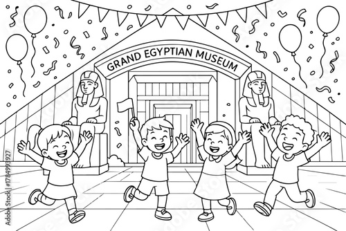 hand drawn vector illustration of Grand Egyptian Museum coloring page for kids