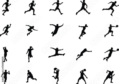 Athlete silhouette collection, sports action poses, running, jumping, throwing, catching movements, fitness icons, dynamic motion set – flat vector illustration