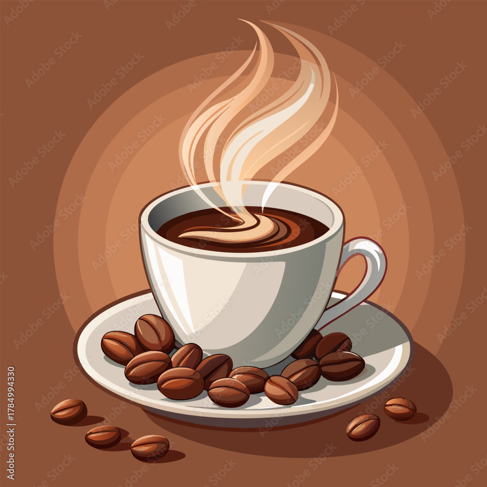 Obraz premium Aromatic coffee cup with steam and coffee beans on a saucer illustration