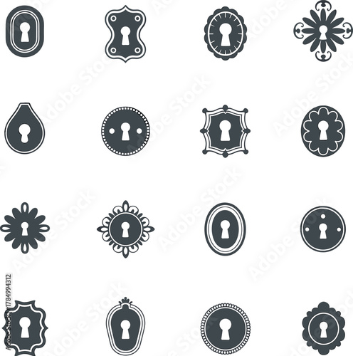 Vintage keyhole set, antique lock design, ornate silhouette collection, decorative hardware elements, baroque style, retro vector icons, flat vector illustration