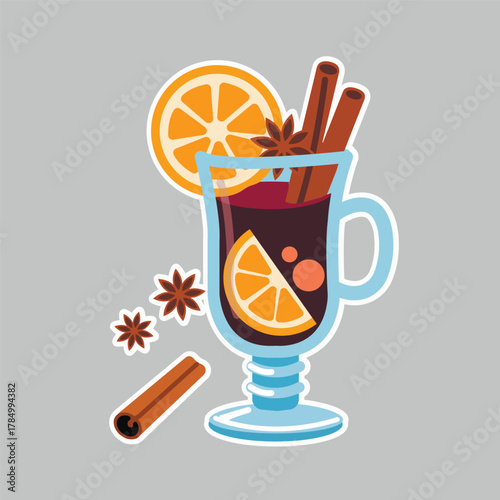 Winter hot drink icon, mulled wine, spices, warm colors, flat vector