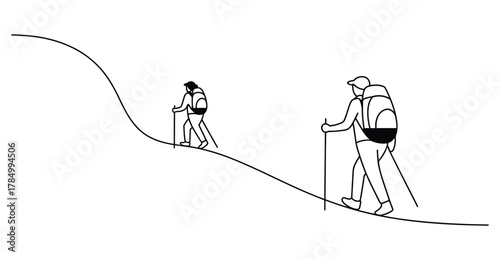 Minimalist continuous line drawing of two hikers walking on a trail with backpacks and sticks, symbolizing outdoor adventure and exploration 