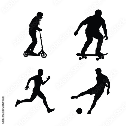 Four distinct silhouettes depicting individuals engaged in running, skateboarding, scooter riding, and soccer kick