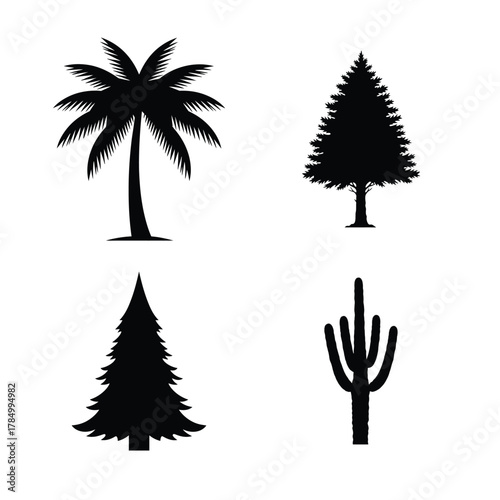 Set of four black tree and plant silhouettes including palm pine and cactus icons on white background