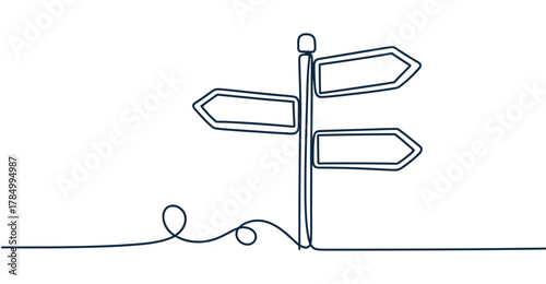  Minimalist continuous line drawing of a signpost with four directional arrows, symbolizing choice, direction, decision-making, and life paths