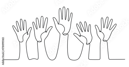 Minimalist continuous line drawing of six raised hands with open palms, symbolizing unity, participation, support, and inclusive engagement 