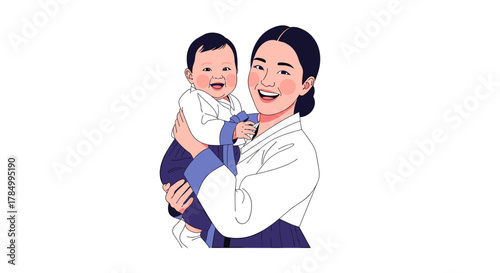 Korean woman holding a baby for family-oriented content and parenting marketing materials