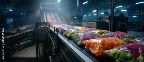 AI generator images of Food packaging production line in an industrial factory with colorful product bags lined up on a conveyor belt. This process involves packing ready-to-eat or ready-to-cook food 
