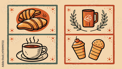 Four banners showcasing different types of coffee and tea, each with unique designs and colors..eps