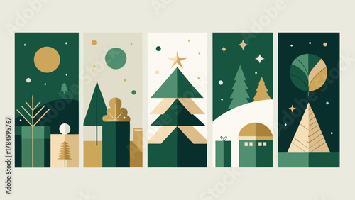 Four Christmas cards showcasing different tree designs, perfect for holiday greetings..eps