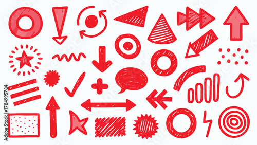 Abstract red scribbles scattered across a white background, conveying a sense of spontaneity and creativity..eps