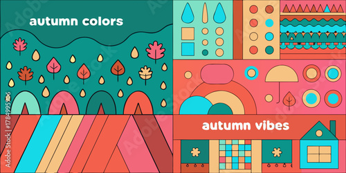 Abstract autumn colors and vibes with falling leaves raindrops and geometric shapes