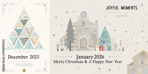 Festive winter holiday collage featuring christmas trees houses and snowflakes for december 2025 and january 2026
