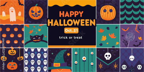 Happy halloween collage featuring pumpkins ghosts bats and spooky decorations for october thirty first trick or treat