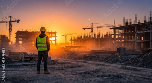 Construction Horizon: A construction worker stands at the edge of a bustling construction site, silhouetted against a radiant sunset.