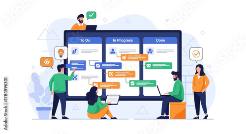 Illustration of a Kanban board with people working on tasks in a collaborative environment.