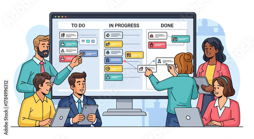 Team collaborating on a project using a Kanban board for task management.