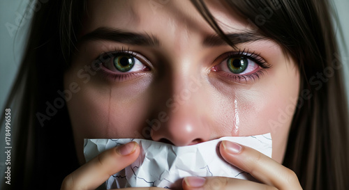 A close-up portrait of a crying woman with green eyes, her mouth covered by a crumpled paper, symbolizing being silenced.