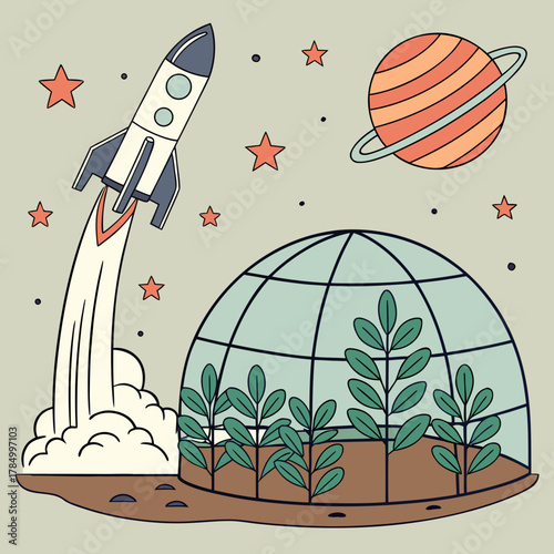 Rocket launching from greenhouse planet with stars and saturn